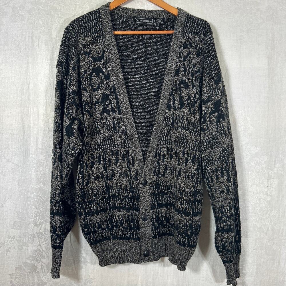 Vintage Cardigan Sweater Large Black Gray Geometric Boxy V Neck Peter England